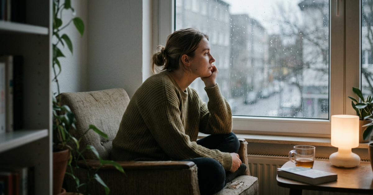 Woman with depression thinking about medication treatment in an inpatient treatment center
