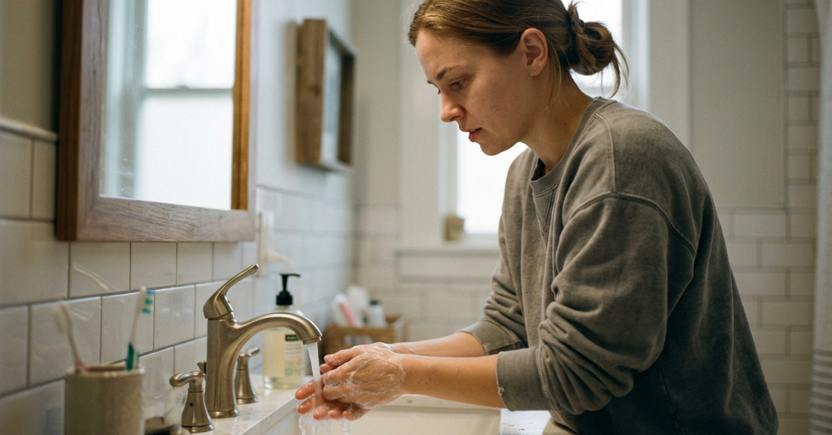 Woman with Obsessive Compulsive Disorder hand washing obsessively during inpatient treatment in Florida
